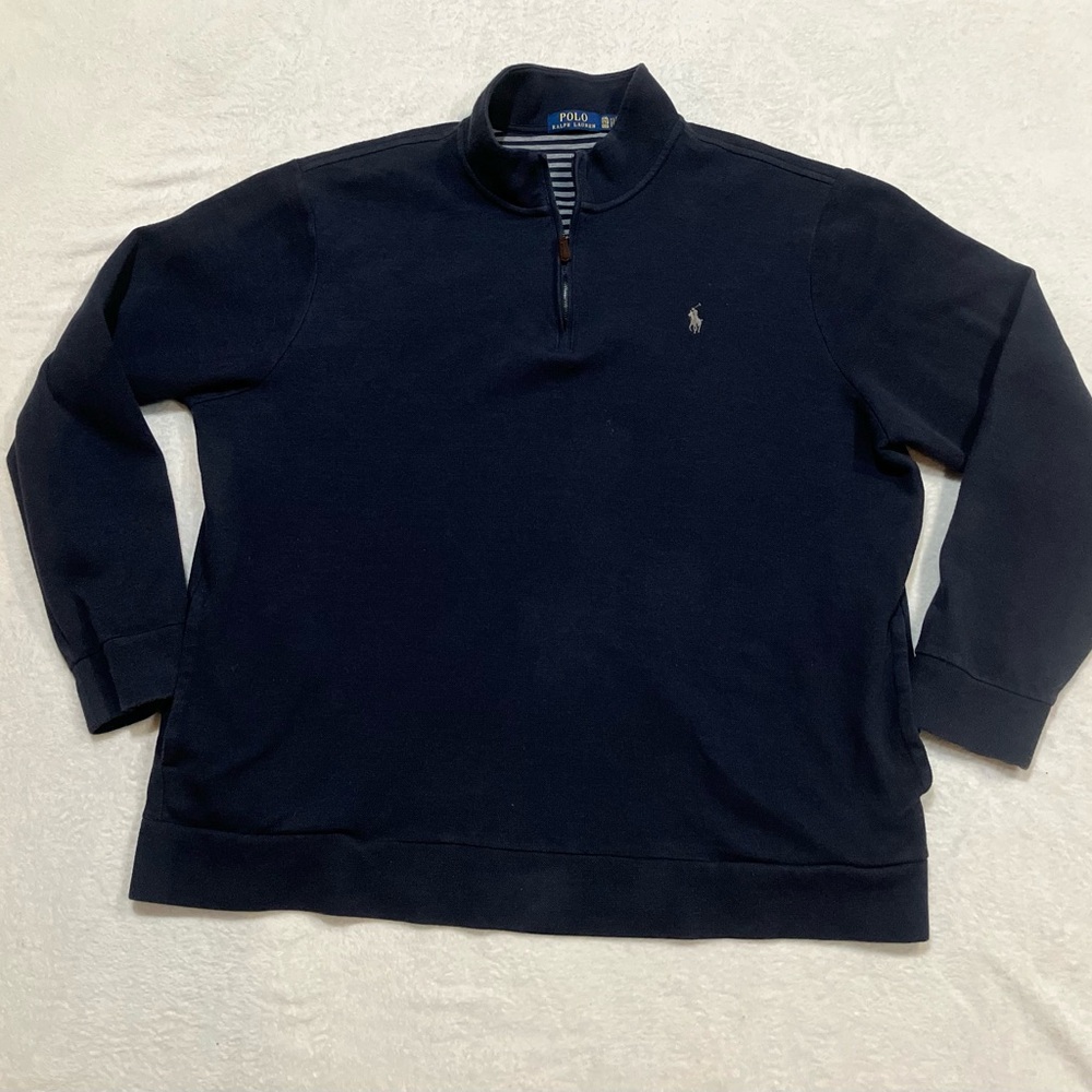 Polo Ralph Lauren Brushed Cotton 1/4 Zip Pullover Sweater Navy Men's XXL Logo - Picture 2 of 8